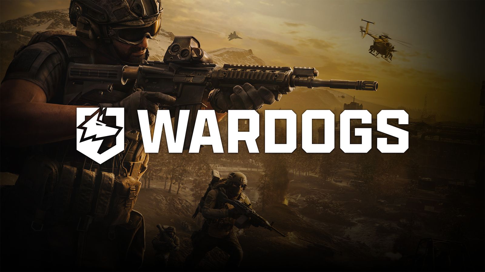 WARDOGS key art: a soldier aiming a rifle across a sunlit industrial valley while a helicopter passes overhead